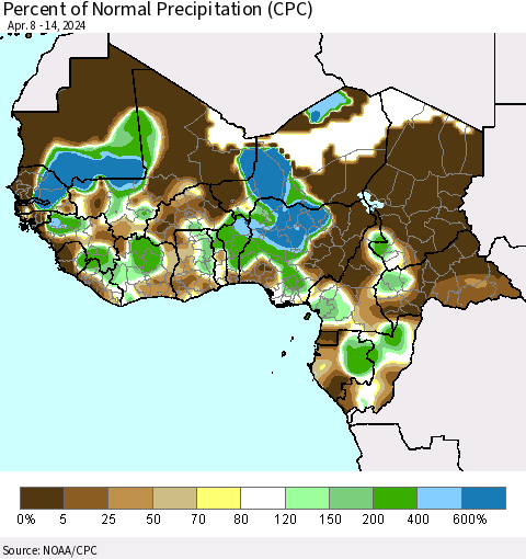 Western Africa Percent of Normal Precipitation (CPC) Thematic Map For 4/8/2024 - 4/14/2024