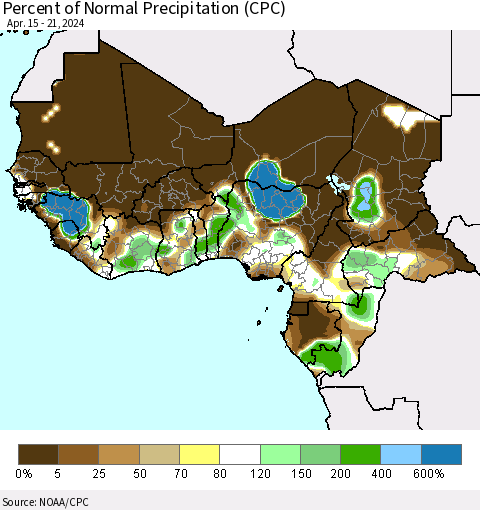 Western Africa Percent of Normal Precipitation (CPC) Thematic Map For 4/15/2024 - 4/21/2024