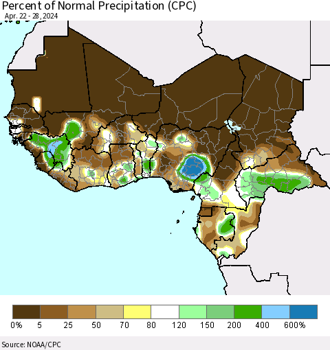 Western Africa Percent of Normal Precipitation (CPC) Thematic Map For 4/22/2024 - 4/28/2024