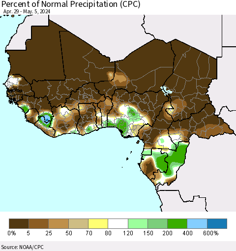 Western Africa Percent of Normal Precipitation (CPC) Thematic Map For 4/29/2024 - 5/5/2024
