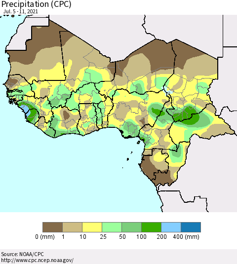 Western Africa Precipitation (CPC) Thematic Map For 7/5/2021 - 7/11/2021
