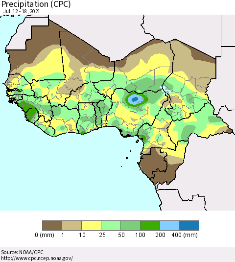 Western Africa Precipitation (CPC) Thematic Map For 7/12/2021 - 7/18/2021