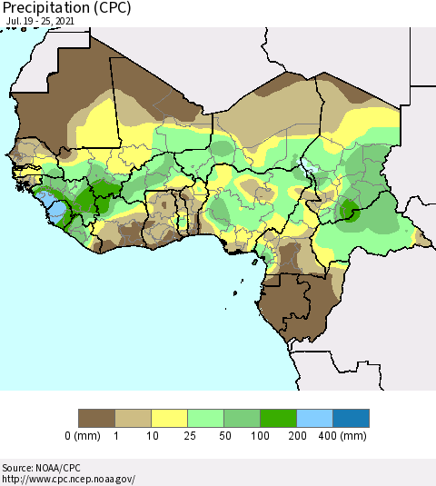 Western Africa Precipitation (CPC) Thematic Map For 7/19/2021 - 7/25/2021