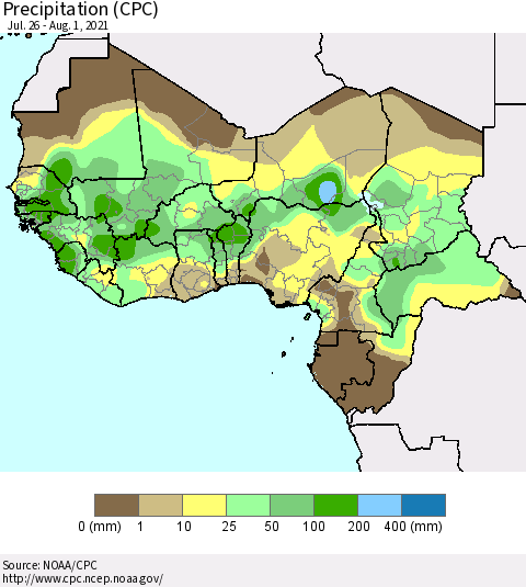 Western Africa Precipitation (CPC) Thematic Map For 7/26/2021 - 8/1/2021