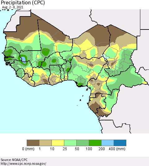 Western Africa Precipitation (CPC) Thematic Map For 8/2/2021 - 8/8/2021