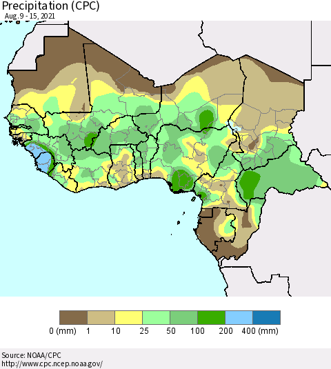 Western Africa Precipitation (CPC) Thematic Map For 8/9/2021 - 8/15/2021