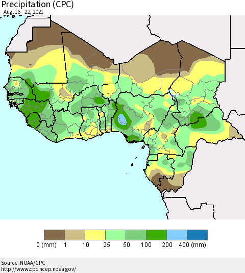Western Africa Precipitation (CPC) Thematic Map For 8/16/2021 - 8/22/2021