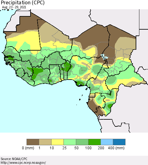 Western Africa Precipitation (CPC) Thematic Map For 8/23/2021 - 8/29/2021