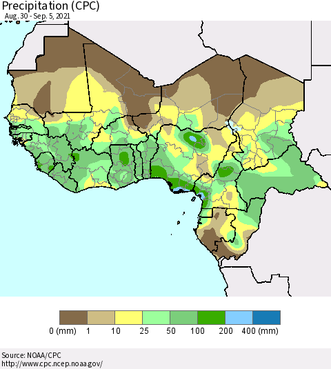 Western Africa Precipitation (CPC) Thematic Map For 8/30/2021 - 9/5/2021