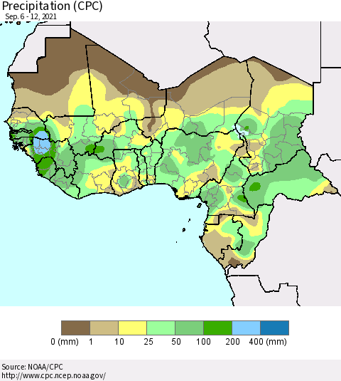 Western Africa Precipitation (CPC) Thematic Map For 9/6/2021 - 9/12/2021