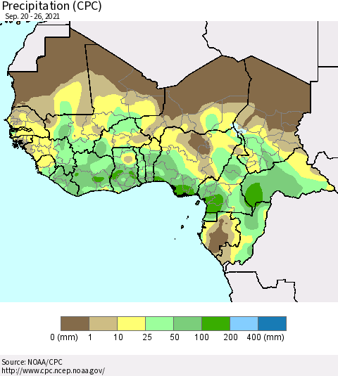 Western Africa Precipitation (CPC) Thematic Map For 9/20/2021 - 9/26/2021