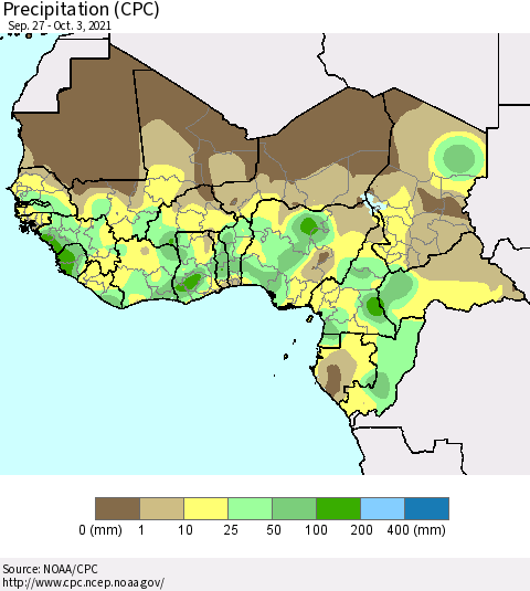 Western Africa Precipitation (CPC) Thematic Map For 9/27/2021 - 10/3/2021