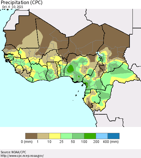 Western Africa Precipitation (CPC) Thematic Map For 10/4/2021 - 10/10/2021