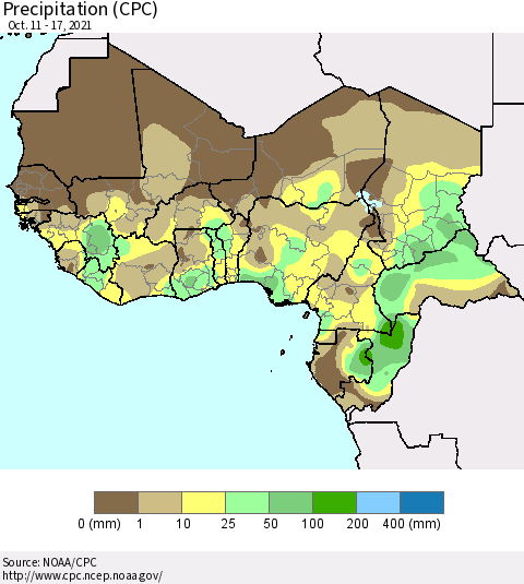 Western Africa Precipitation (CPC) Thematic Map For 10/11/2021 - 10/17/2021