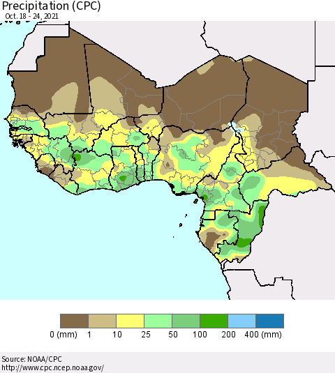 Western Africa Precipitation (CPC) Thematic Map For 10/18/2021 - 10/24/2021