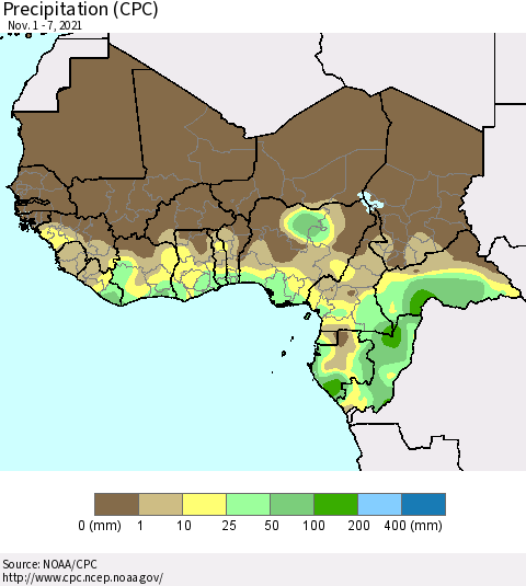 Western Africa Precipitation (CPC) Thematic Map For 11/1/2021 - 11/7/2021