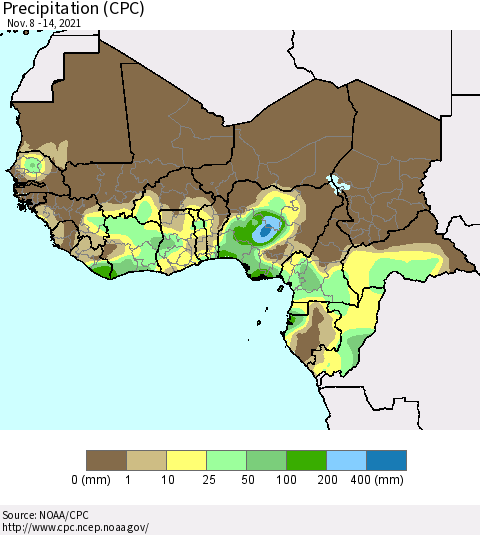 Western Africa Precipitation (CPC) Thematic Map For 11/8/2021 - 11/14/2021
