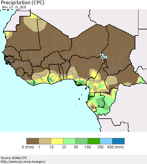 Western Africa Precipitation (CPC) Thematic Map For 11/15/2021 - 11/21/2021