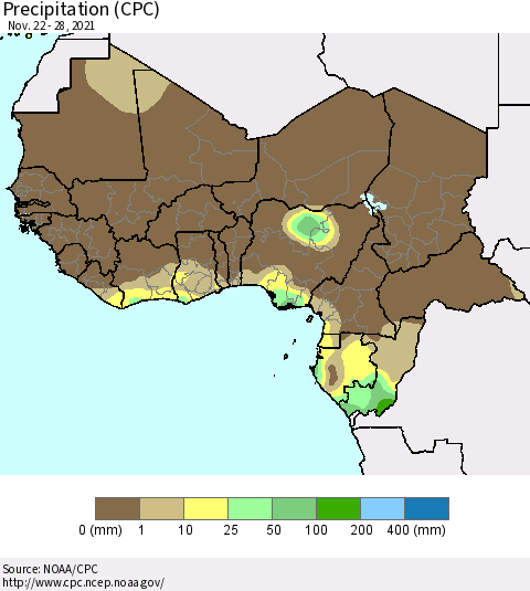 Western Africa Precipitation (CPC) Thematic Map For 11/22/2021 - 11/28/2021