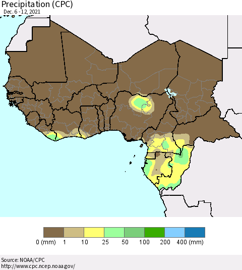Western Africa Precipitation (CPC) Thematic Map For 12/6/2021 - 12/12/2021