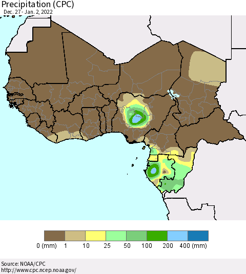 Western Africa Precipitation (CPC) Thematic Map For 12/27/2021 - 1/2/2022