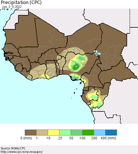 Western Africa Precipitation (CPC) Thematic Map For 1/3/2022 - 1/9/2022