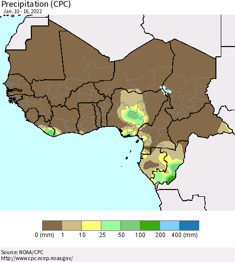 Western Africa Precipitation (CPC) Thematic Map For 1/10/2022 - 1/16/2022