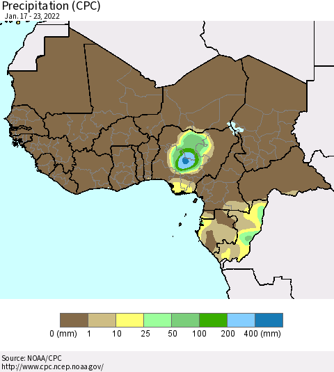 Western Africa Precipitation (CPC) Thematic Map For 1/17/2022 - 1/23/2022