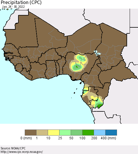 Western Africa Precipitation (CPC) Thematic Map For 1/24/2022 - 1/30/2022