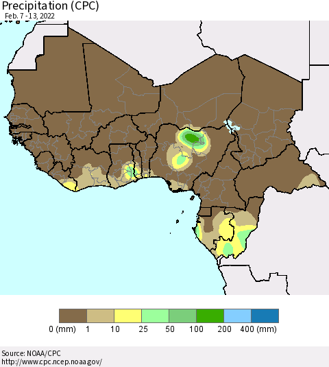 Western Africa Precipitation (CPC) Thematic Map For 2/7/2022 - 2/13/2022