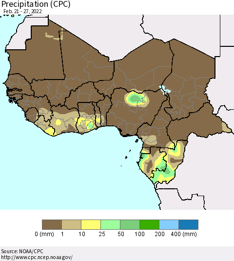 Western Africa Precipitation (CPC) Thematic Map For 2/21/2022 - 2/27/2022
