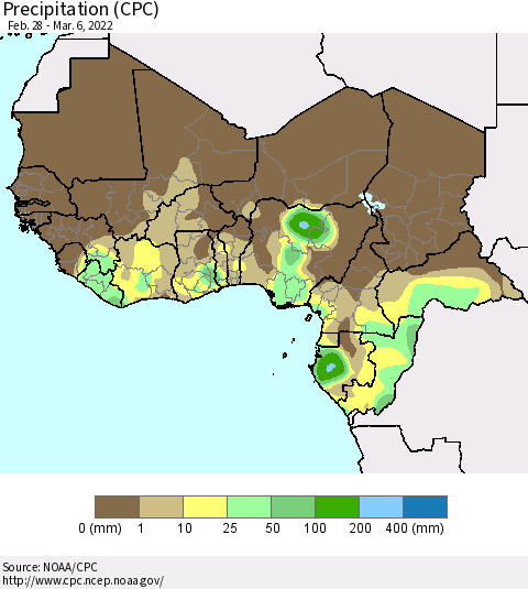 Western Africa Precipitation (CPC) Thematic Map For 2/28/2022 - 3/6/2022