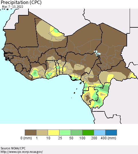 Western Africa Precipitation (CPC) Thematic Map For 3/7/2022 - 3/13/2022