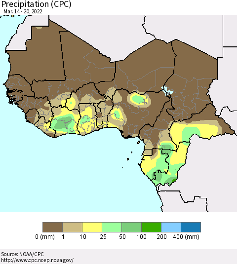 Western Africa Precipitation (CPC) Thematic Map For 3/14/2022 - 3/20/2022