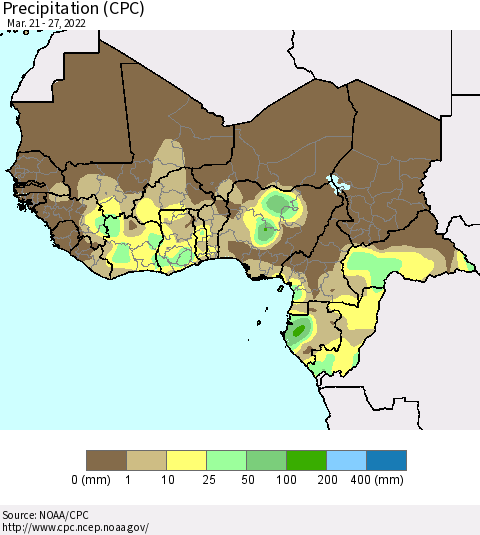 Western Africa Precipitation (CPC) Thematic Map For 3/21/2022 - 3/27/2022