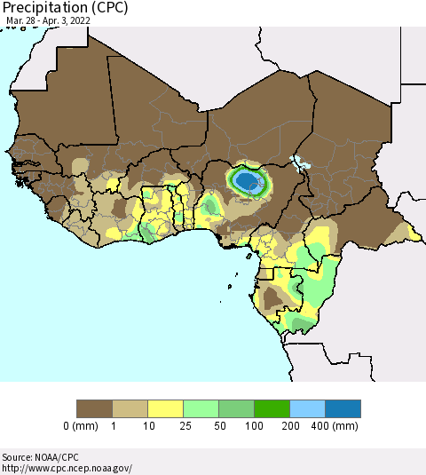 Western Africa Precipitation (CPC) Thematic Map For 3/28/2022 - 4/3/2022