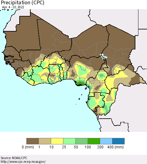 Western Africa Precipitation (CPC) Thematic Map For 4/4/2022 - 4/10/2022