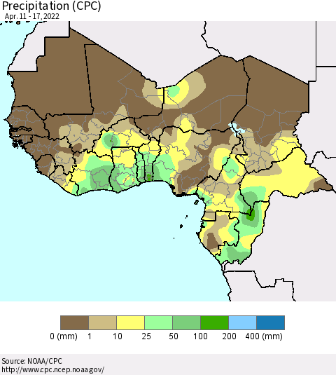 Western Africa Precipitation (CPC) Thematic Map For 4/11/2022 - 4/17/2022