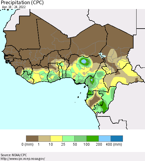 Western Africa Precipitation (CPC) Thematic Map For 4/18/2022 - 4/24/2022