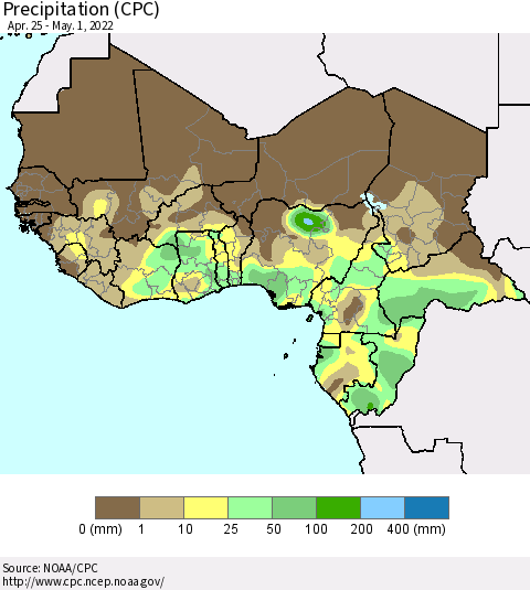 Western Africa Precipitation (CPC) Thematic Map For 4/25/2022 - 5/1/2022