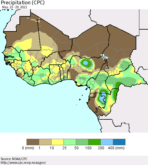 Western Africa Precipitation (CPC) Thematic Map For 5/23/2022 - 5/29/2022
