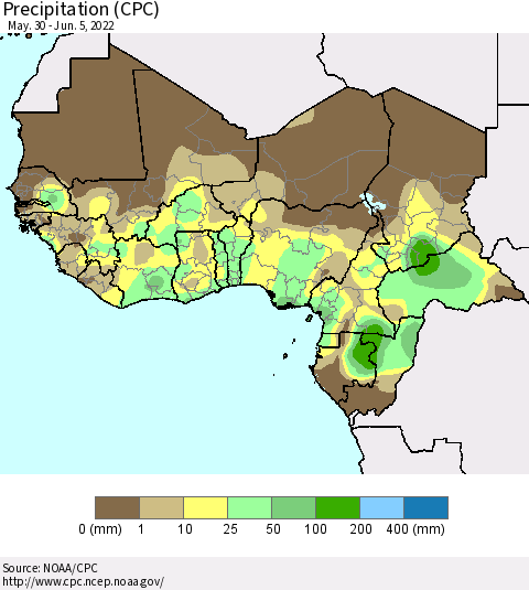 Western Africa Precipitation (CPC) Thematic Map For 5/30/2022 - 6/5/2022