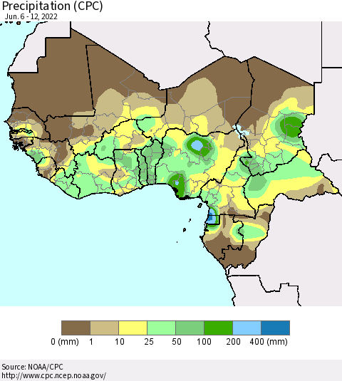 Western Africa Precipitation (CPC) Thematic Map For 6/6/2022 - 6/12/2022