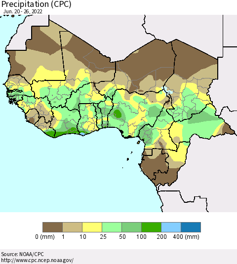 Western Africa Precipitation (CPC) Thematic Map For 6/20/2022 - 6/26/2022