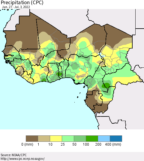 Western Africa Precipitation (CPC) Thematic Map For 6/27/2022 - 7/3/2022