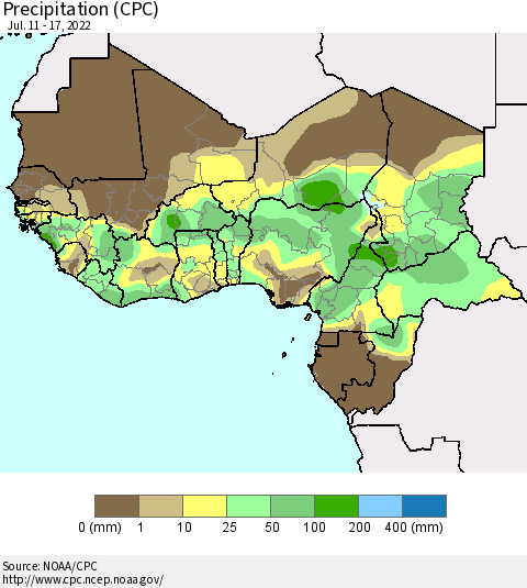 Western Africa Precipitation (CPC) Thematic Map For 7/11/2022 - 7/17/2022