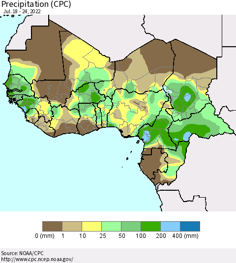 Western Africa Precipitation (CPC) Thematic Map For 7/18/2022 - 7/24/2022