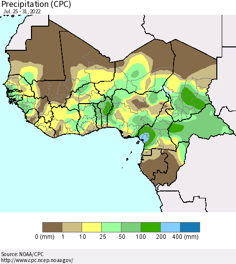 Western Africa Precipitation (CPC) Thematic Map For 7/25/2022 - 7/31/2022