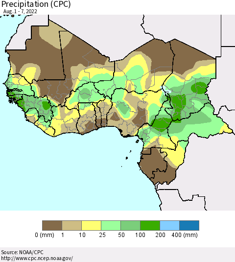 Western Africa Precipitation (CPC) Thematic Map For 8/1/2022 - 8/7/2022