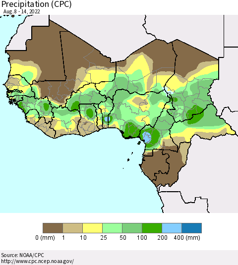 Western Africa Precipitation (CPC) Thematic Map For 8/8/2022 - 8/14/2022